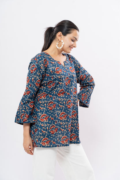 Ekisha's women dark blue ajrak multicolor printed cotton tunic top short kurti, side view