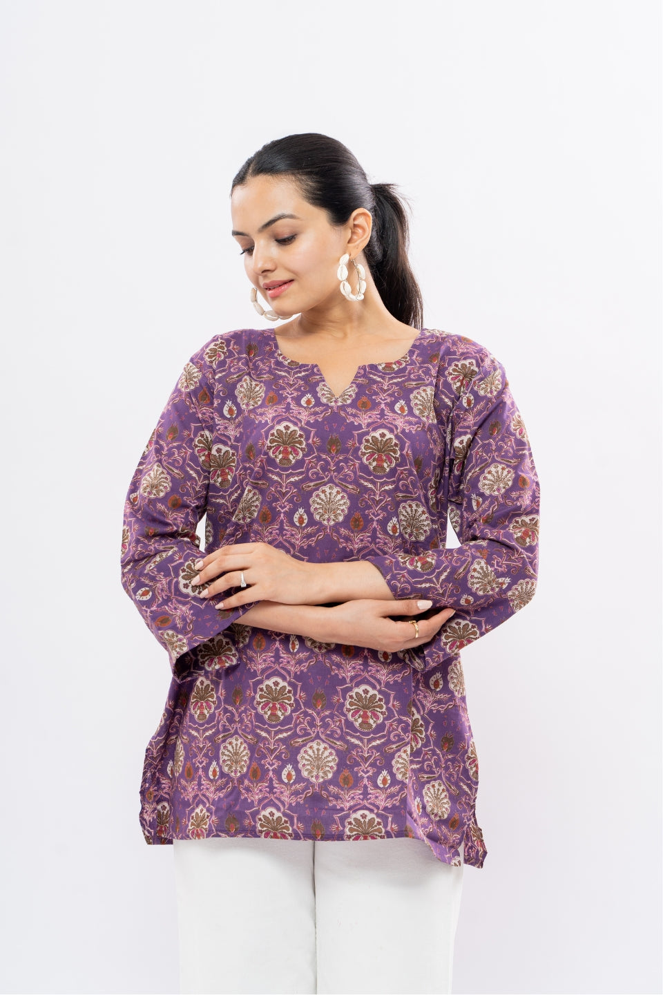 Ekisha's women dark purple floral multicolor printed cotton tunic top short kurti, another front view