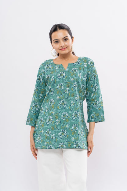 Ekisha's women light rama floral multicolor printed cotton tunic top short kurti, another detailed view