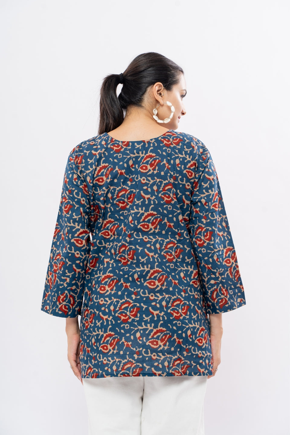 Ekisha's women dark blue ajrak multicolor printed cotton tunic top short kurti, back view