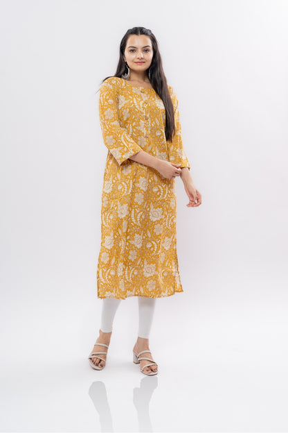 Ekisha women's cotton yellow white floral printed straight kurta kurti - Ekisha