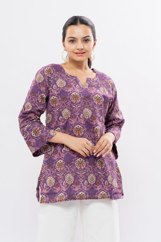 Ekisha's women dark purple floral multicolor printed cotton tunic top short kurti, detailed view