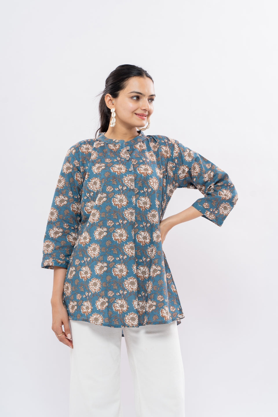 Ekisha's women blue designer multicolor printed cotton tunic top short kurti, detailed view