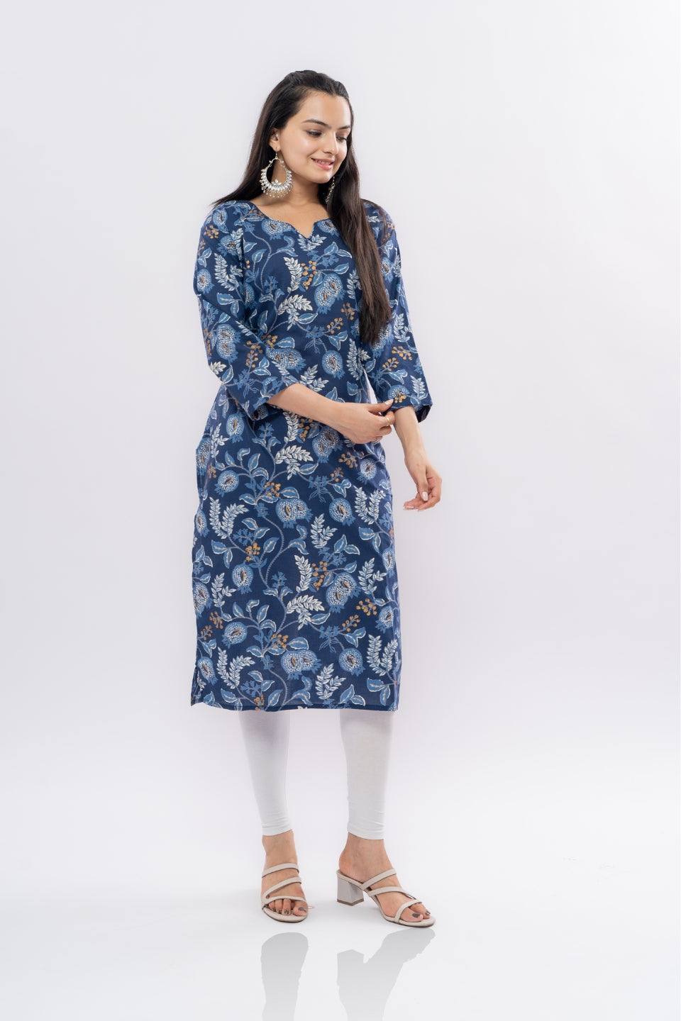 Ekisha women's cotton blue designer multicolor floral printed straight kurta kurti, front view 3