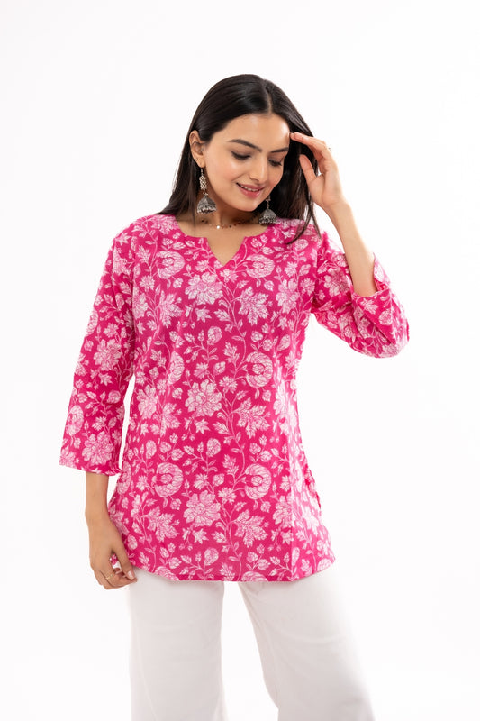 Ekisha women's printed pink floral cotton tunic top short kurti, front view