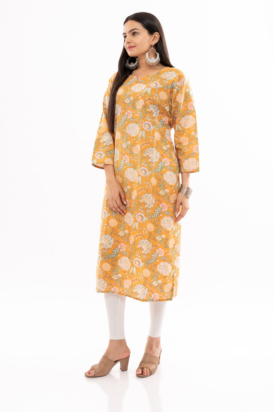 Ekisha women's cotton yellow printed straight floral kurta kurti round neck, side view