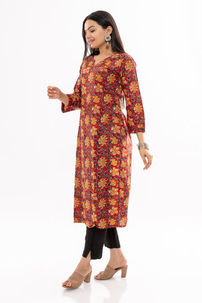 Ekisha women's cotton Maroon Kalamkari printed straight kurta kurti round neck, side view