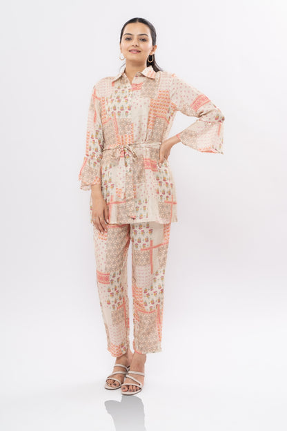 Ekisha's women muslin printed chickoo abstract co-ord set, another front view