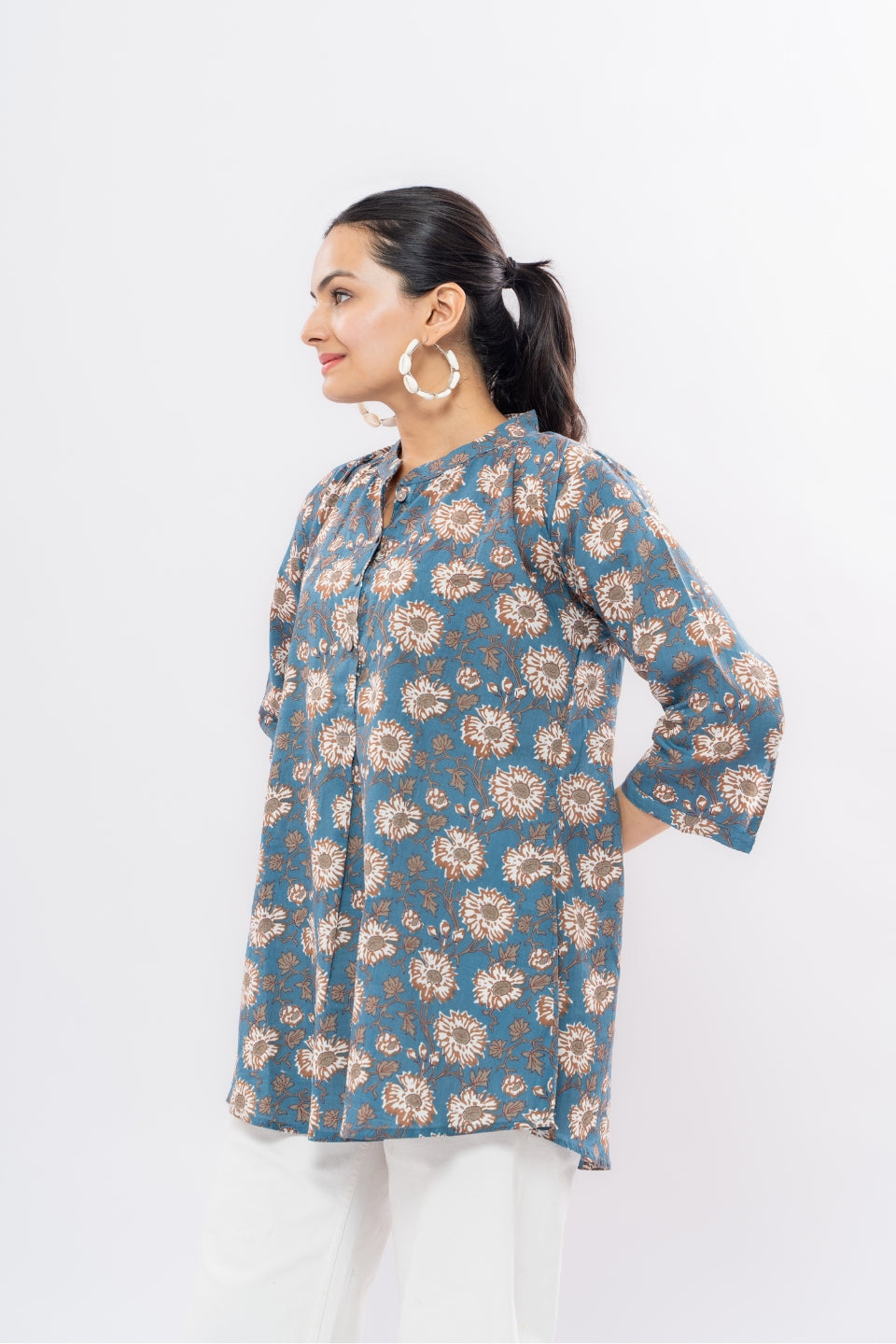 Ekisha's women blue designer multicolor printed cotton tunic top short kurti, side view 2