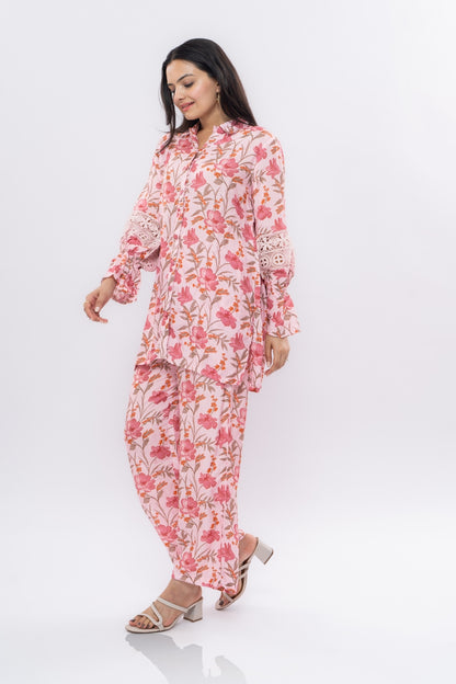 Ekisha's women muslin printed pink floral co-ord set, another side view