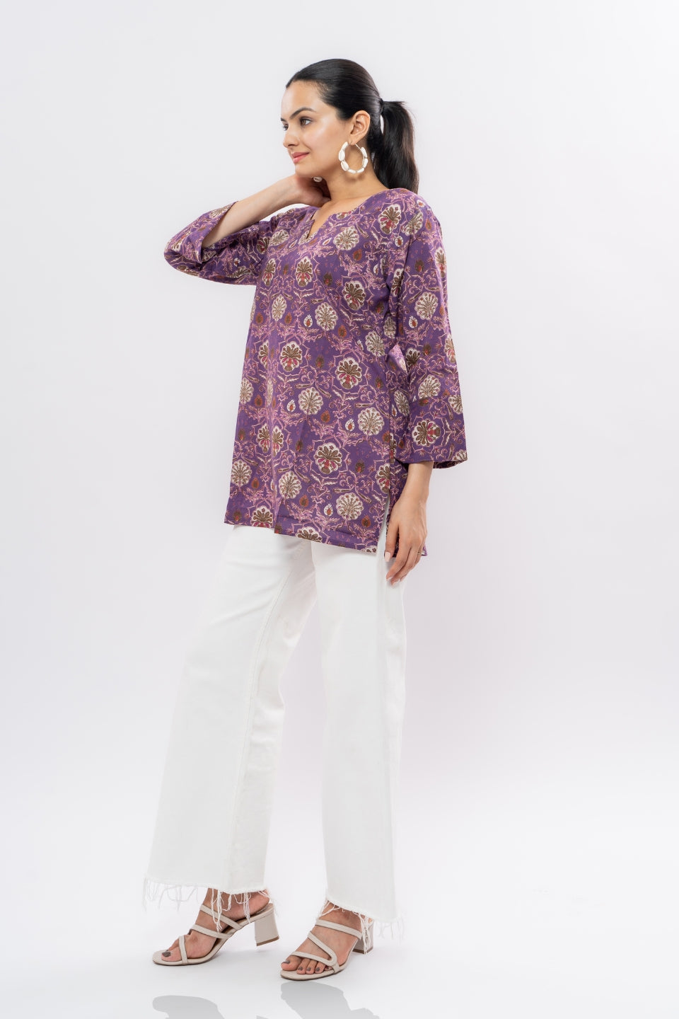 Ekisha's women dark purple floral multicolor printed cotton tunic top short kurti, side view 2