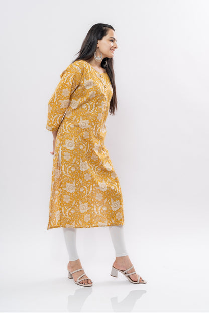 Ekisha women's cotton yellow white floral printed straight kurta kurti - Ekisha