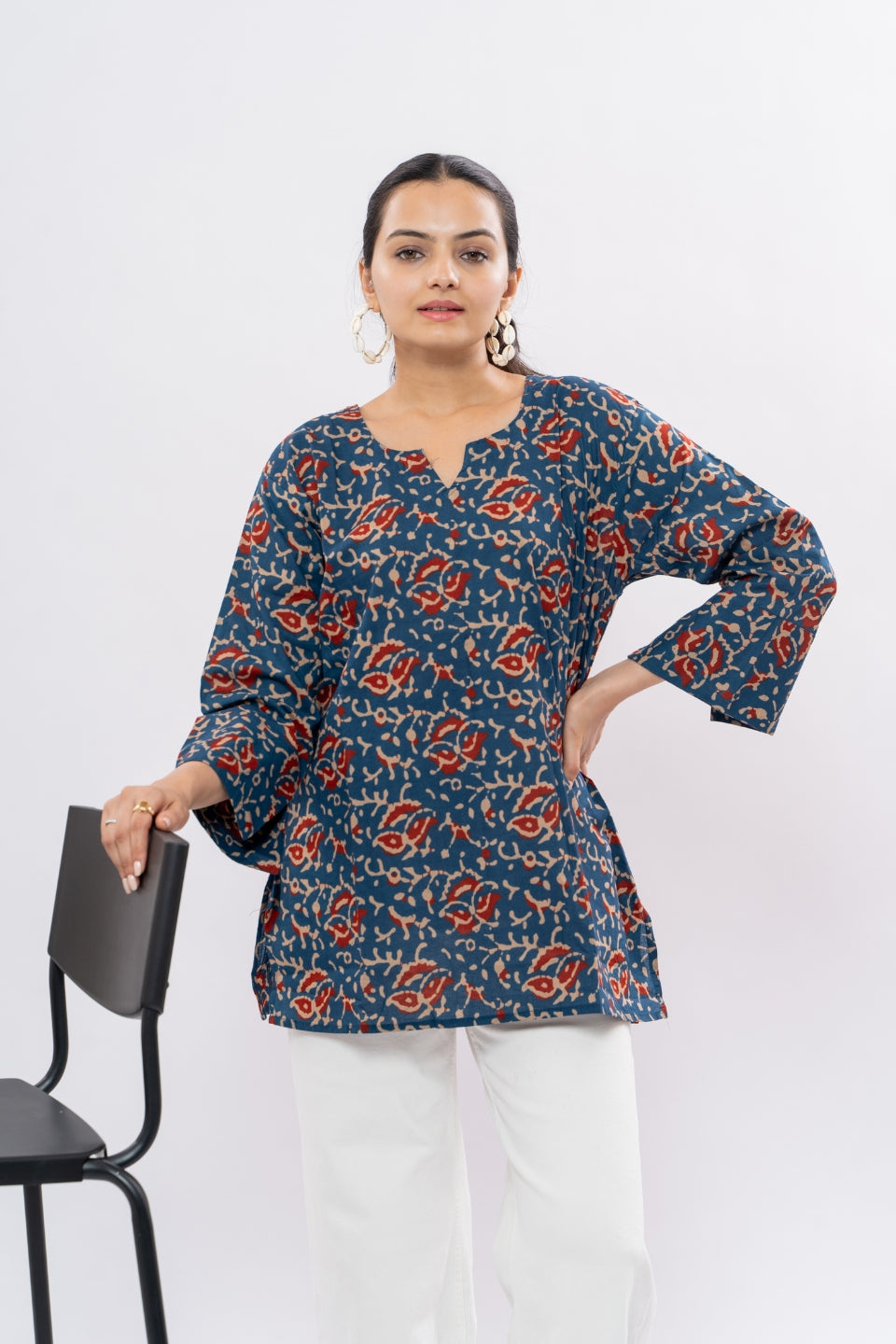 Ekisha's women dark blue ajrak multicolor printed cotton tunic top short kurti, another front view