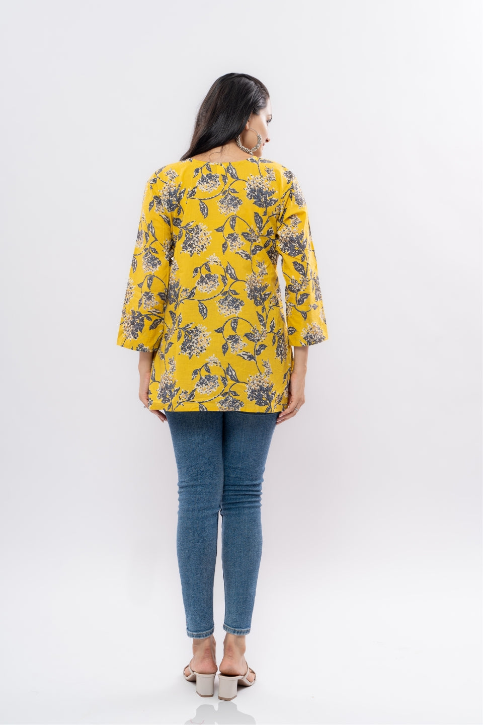 Ekisha's women yellow floral multicolor printed cotton tunic top short kurti, back view