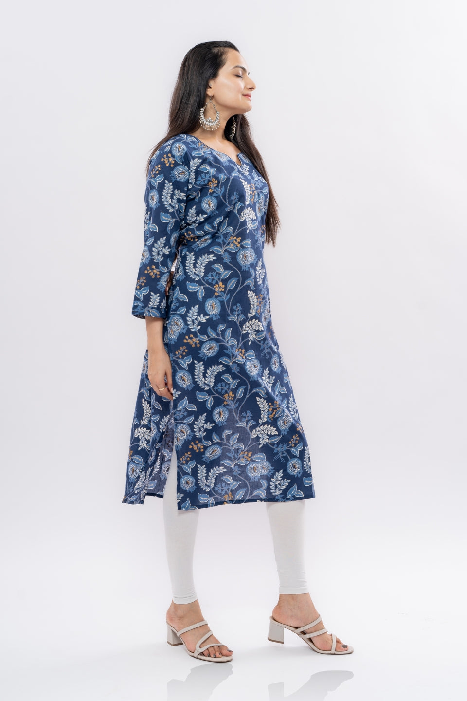 Ekisha women's cotton blue designer multicolor floral printed straight kurta kurti, side view