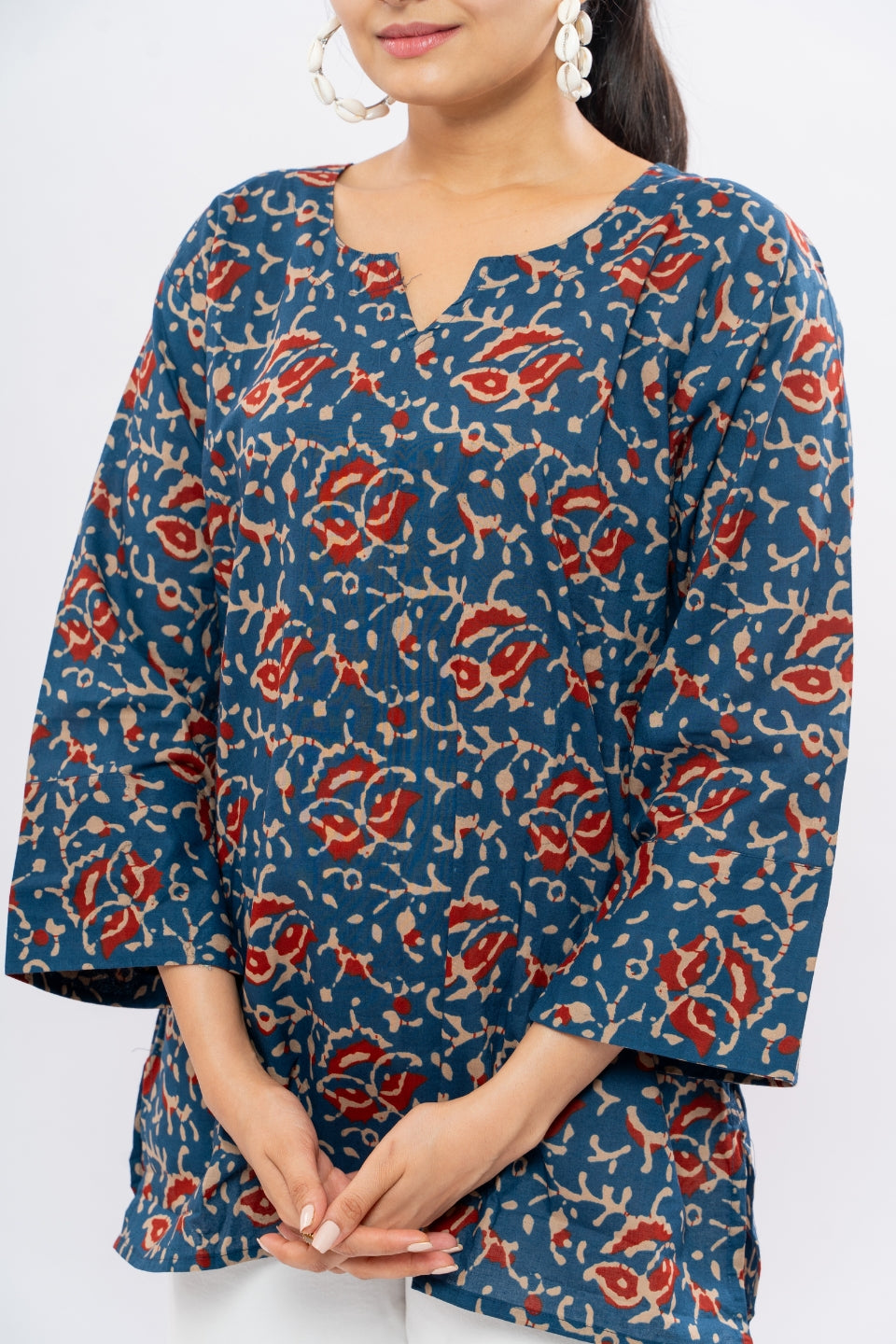Ekisha's women dark blue ajrak multicolor printed cotton tunic top short kurti, detailed view 2