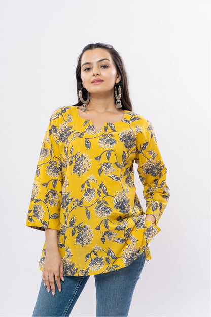 Ekisha's women yellow floral multicolor printed cotton tunic top short kurti, detailed view 2