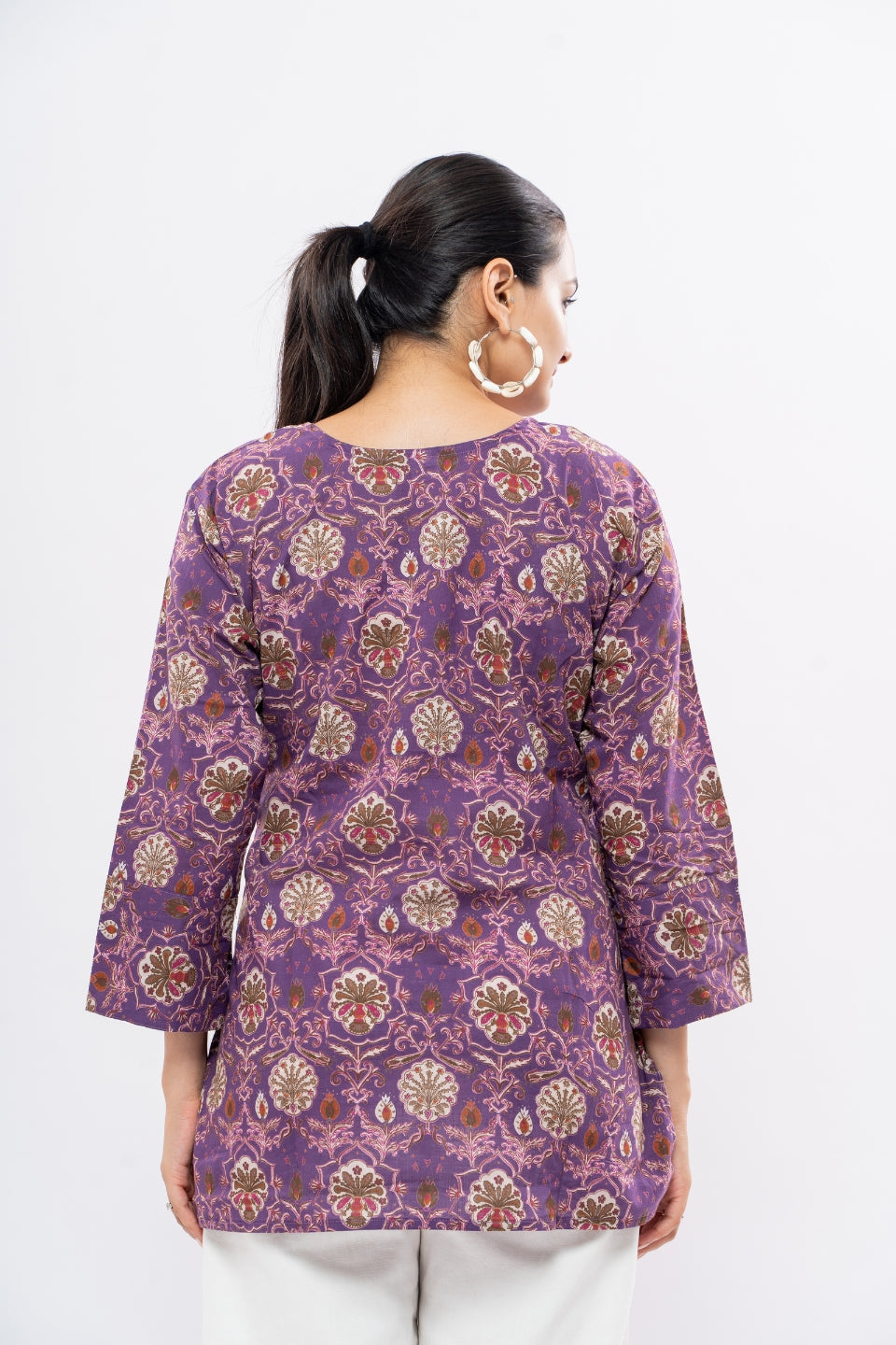 Ekisha's women dark purple floral multicolor printed cotton tunic top short kurti, back view