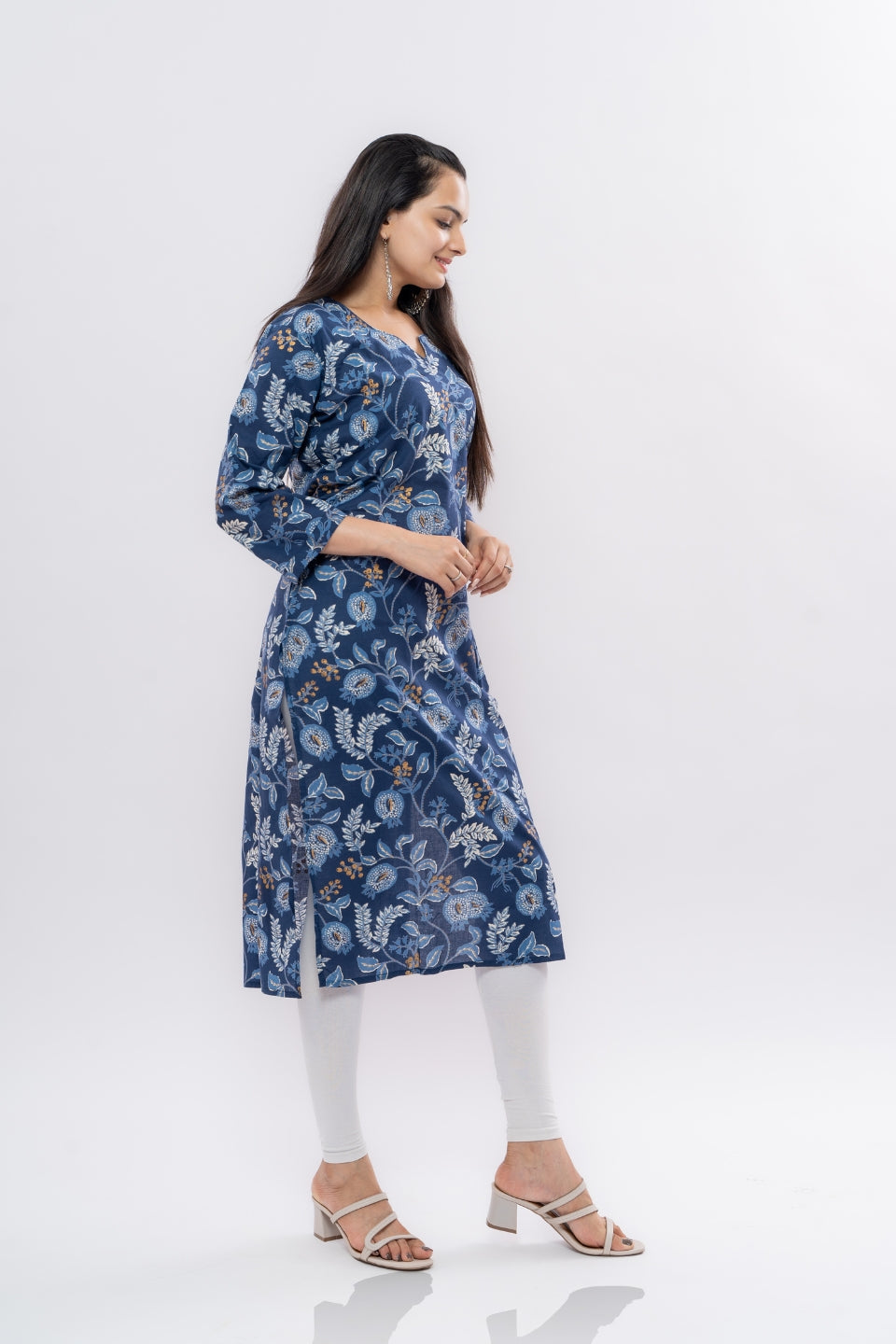 Ekisha women's cotton blue designer multicolor floral printed straight kurta kurti, side view 2