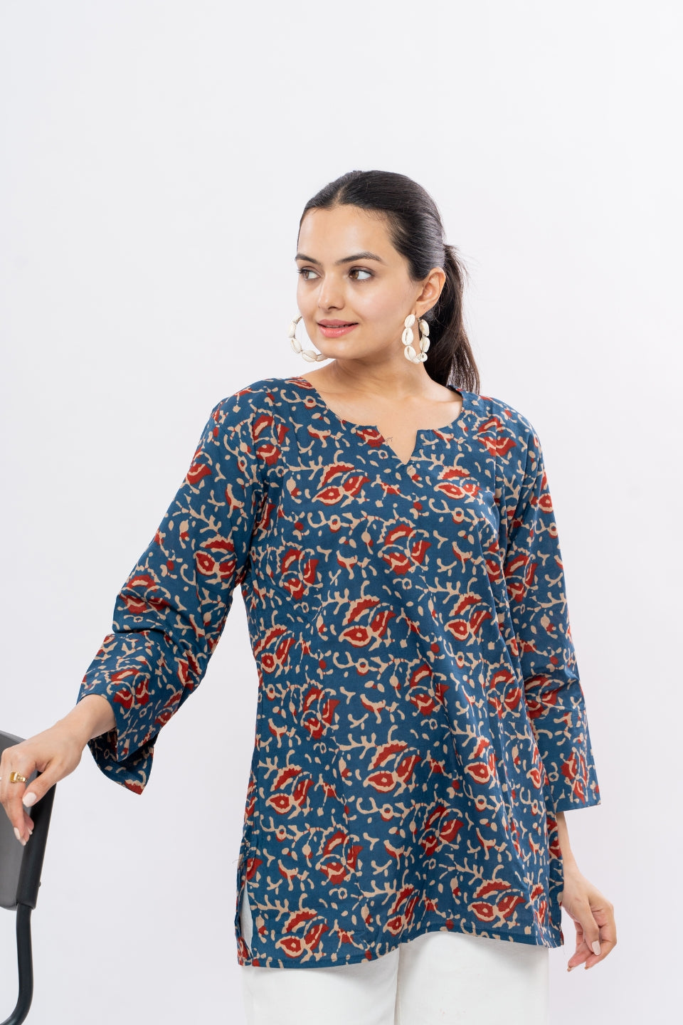 Ekisha's women dark blue ajrak multicolor printed cotton tunic top short kurti, another side view