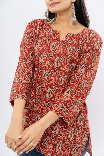 Ekisha's women maroon kalamkari multicolor printed cotton tunic top short kurti, detailed view