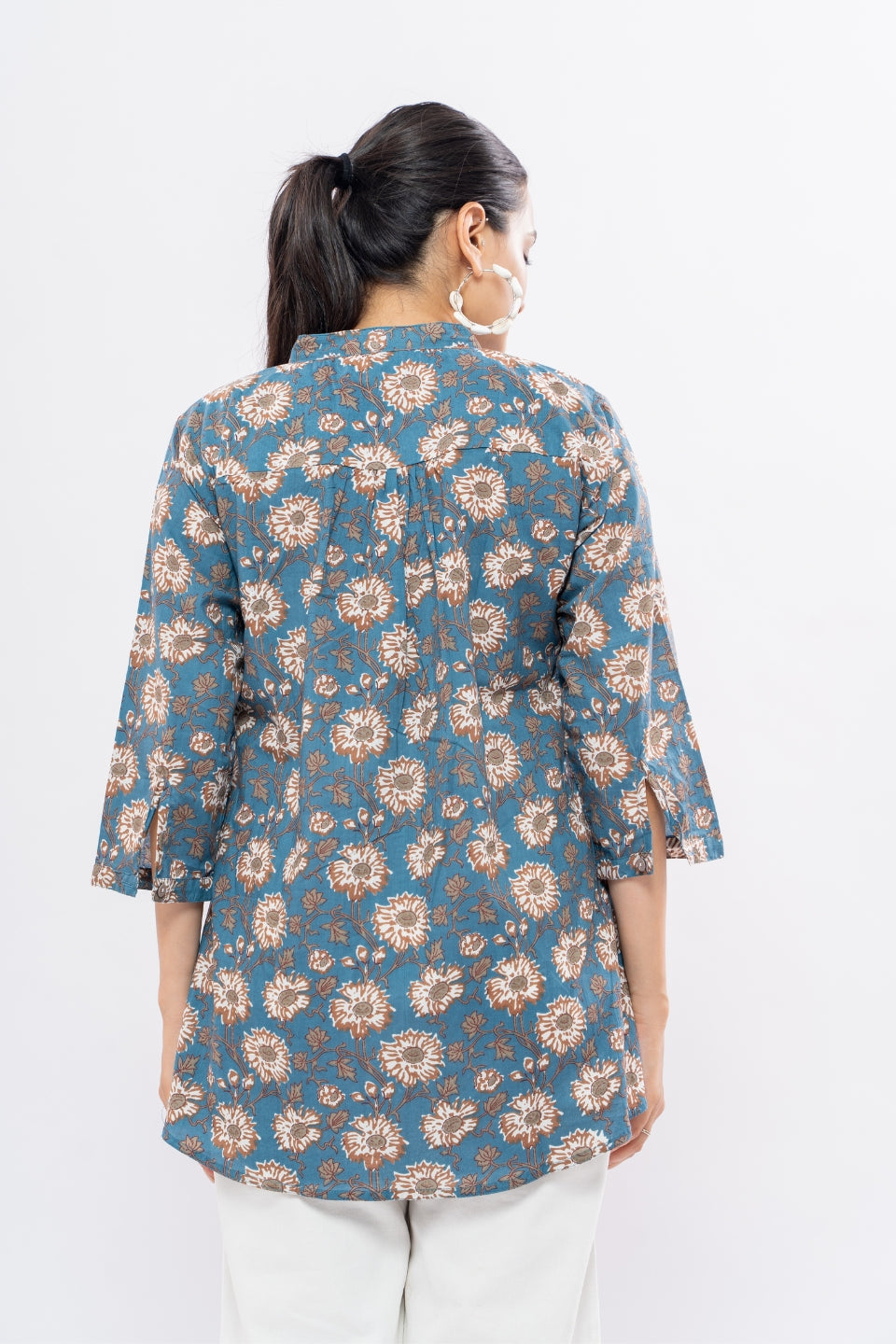 Ekisha's women blue designer multicolor printed cotton tunic top short kurti, back view