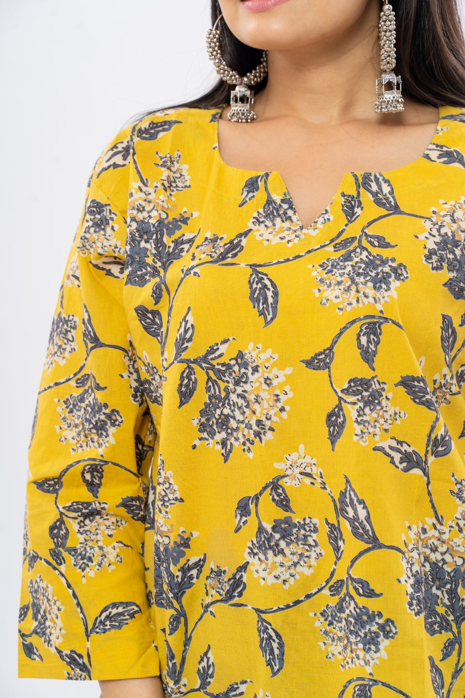 Ekisha's women yellow floral multicolor printed cotton tunic top short kurti, detailed view 3