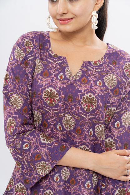 Ekisha's women dark purple floral multicolor printed cotton tunic top short kurti, detailed view 2