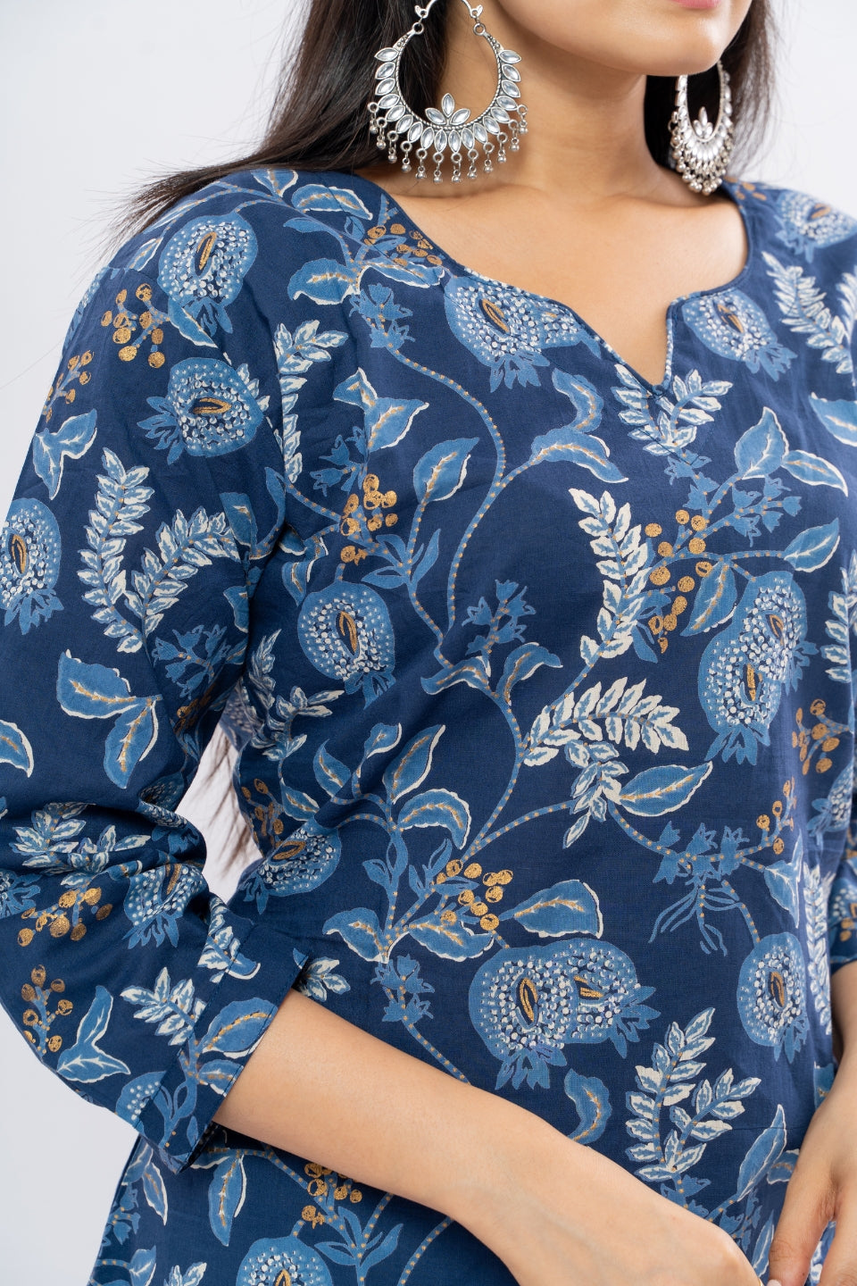 Ekisha women's cotton blue designer multicolor floral printed straight kurta kurti, detailed view