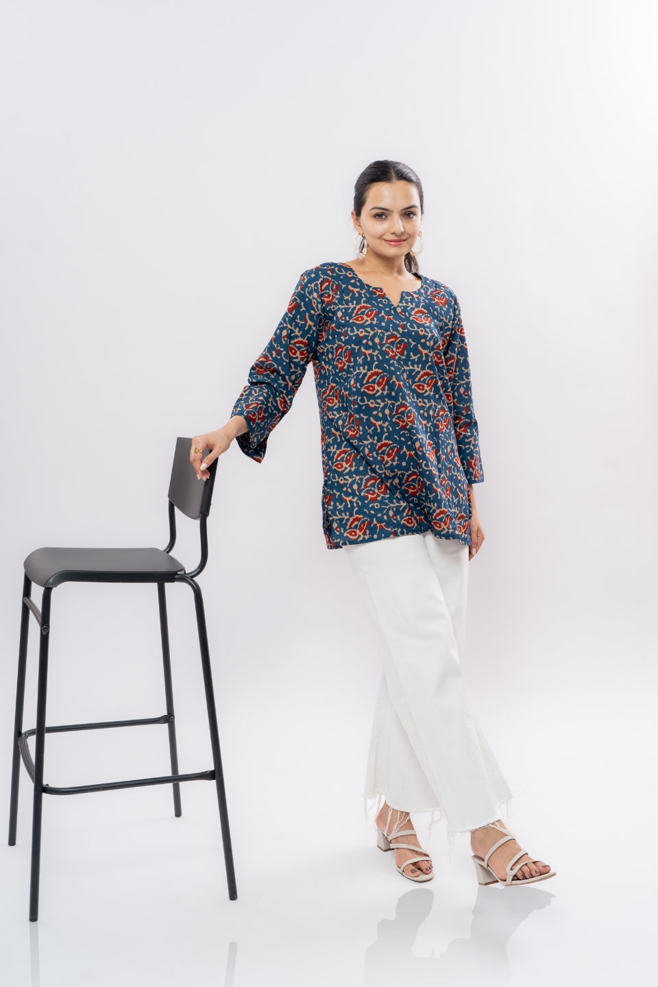 Ekisha's women dark blue ajrak multicolor printed cotton tunic top short kurti, front view 3