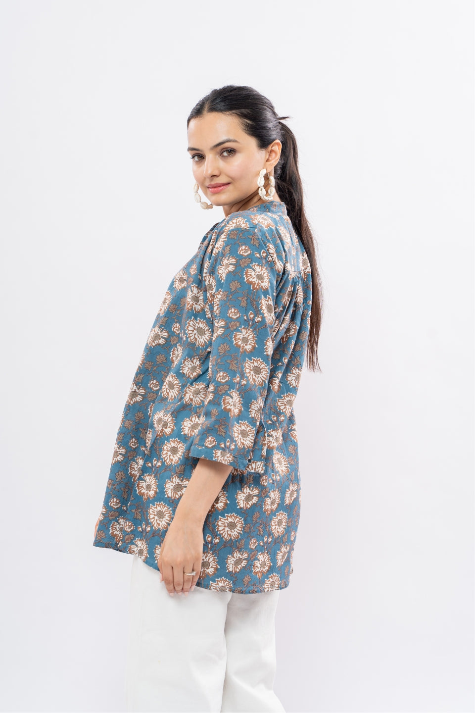 Ekisha's women blue designer multicolor printed cotton tunic top short kurti, side view 3