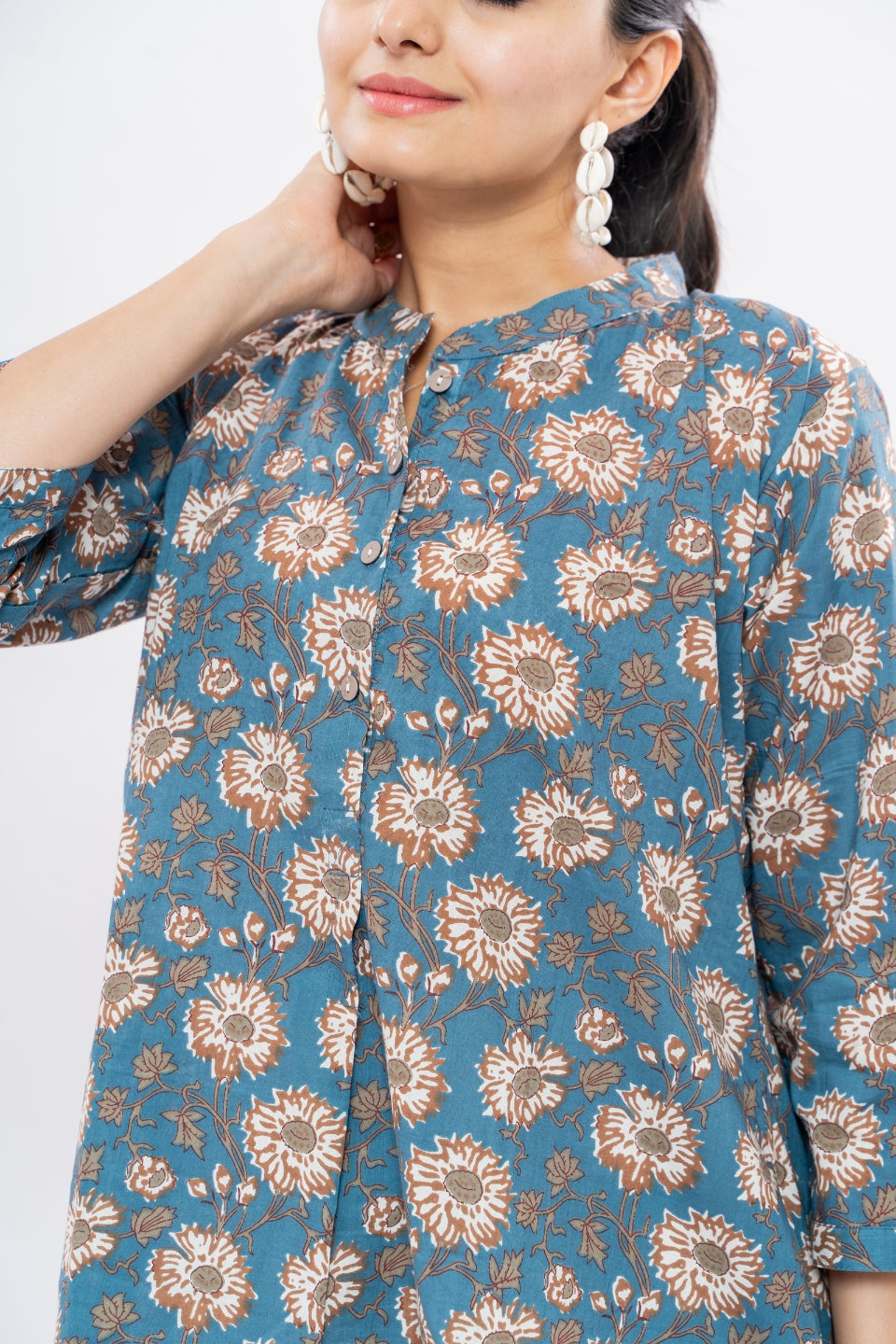 Ekisha's women blue designer multicolor printed cotton tunic top short kurti, detailed view 3