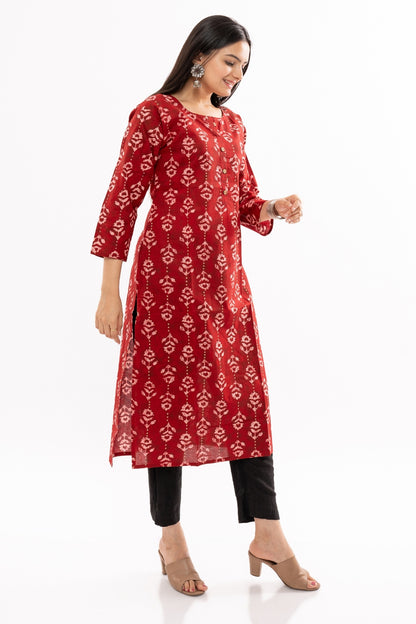 Ekisha women's cotton Maroon paisley printed straight kurta kurti round neck button, another side view