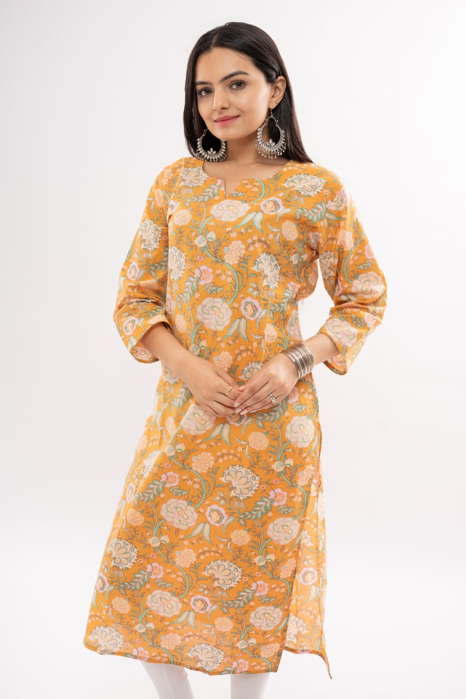 Ekisha women's cotton yellow printed straight floral kurta kurti round neck, detailed side view