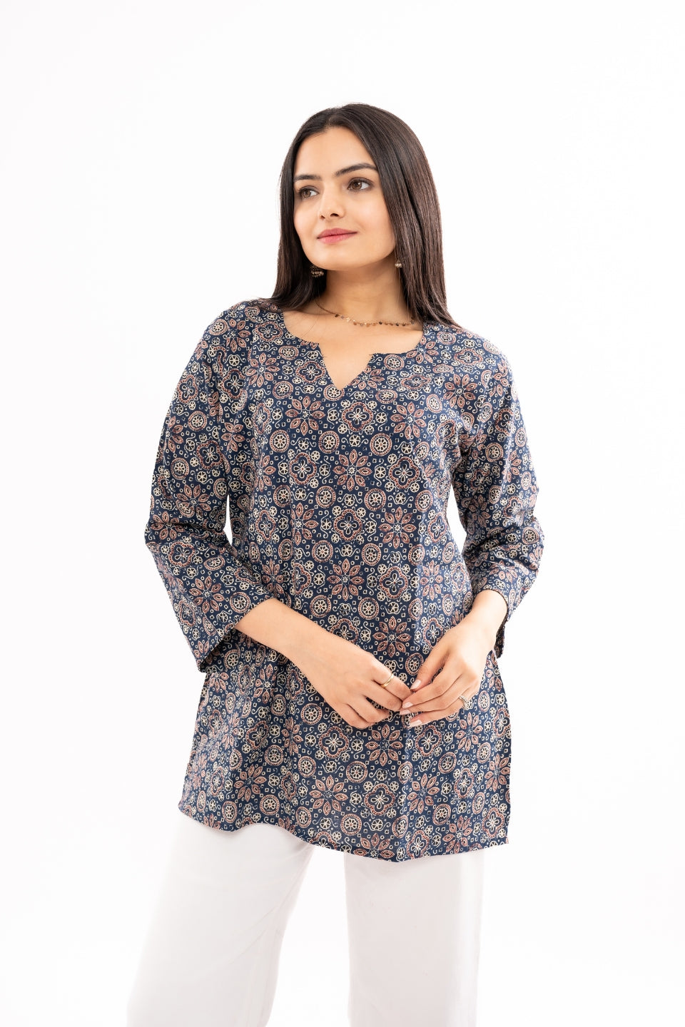 Ekisha's women navy blue blockprinted cotton tunic top short kurti