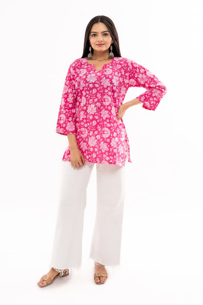 Ekisha women's printed pink floral cotton tunic top short kurti, another front view