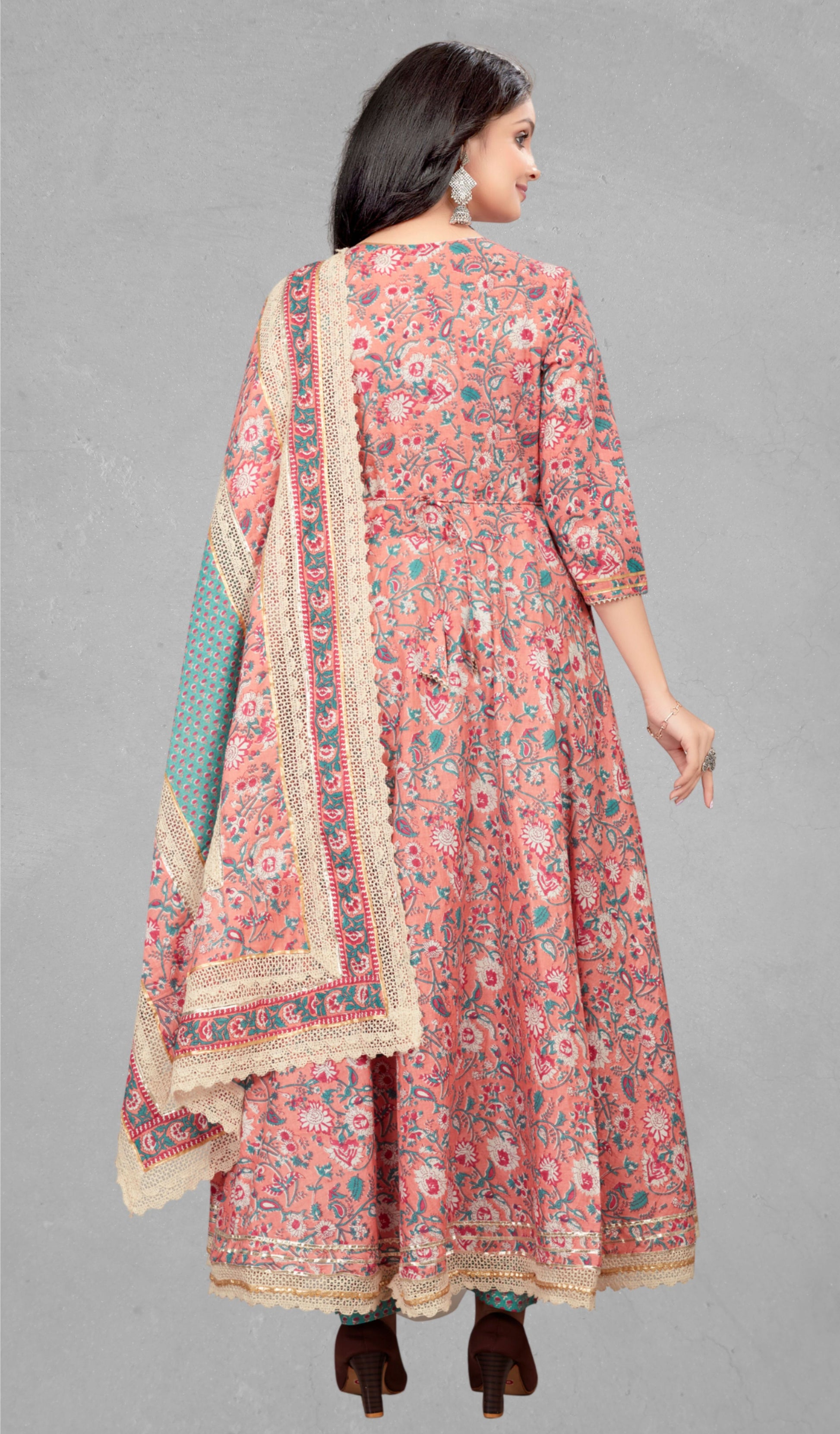 Peach kurta set with dupatta, back view