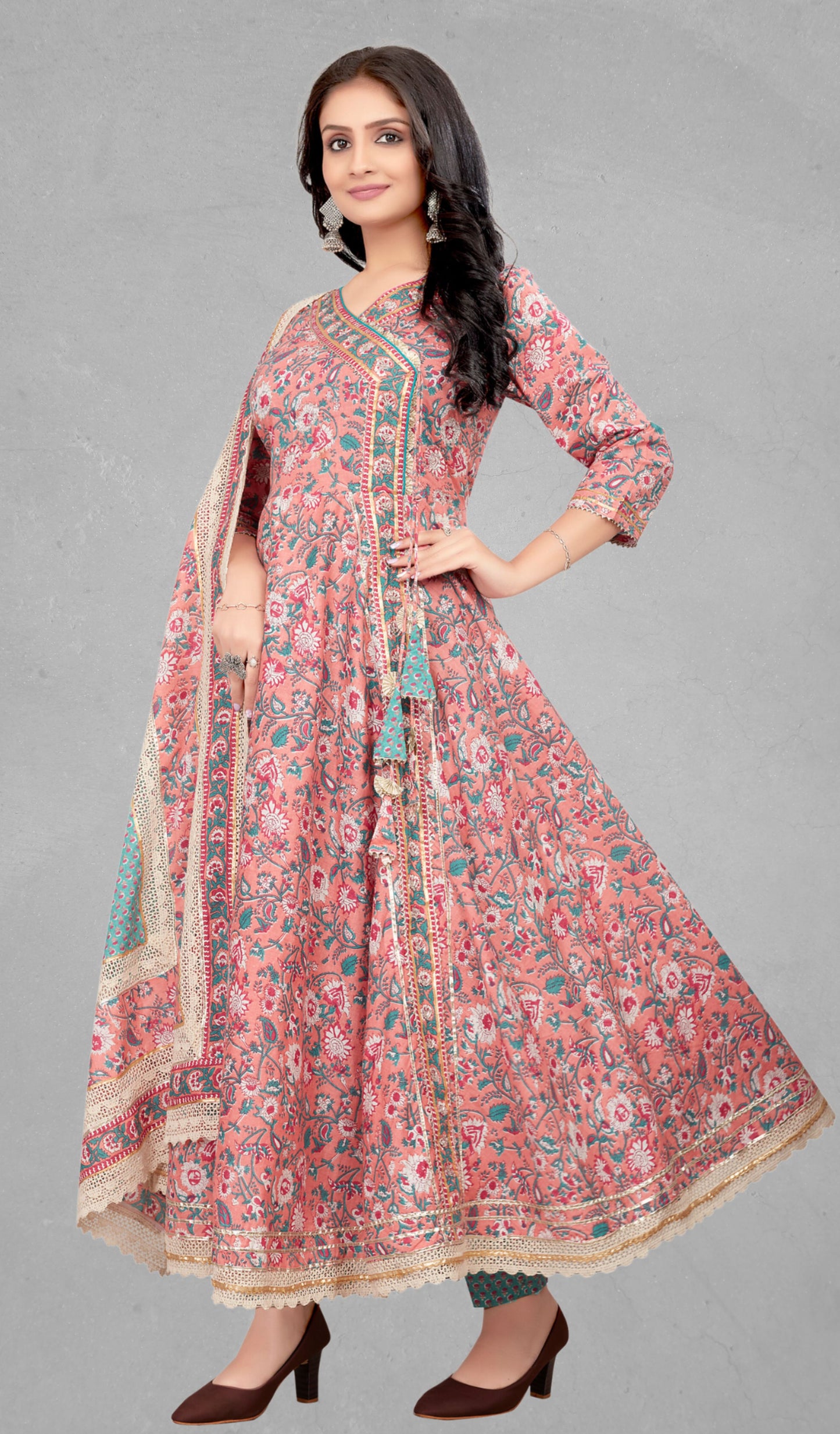 Peach kurta set with dupatta, side view