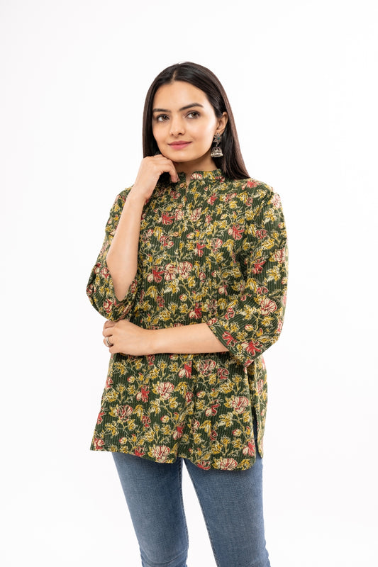 Ekisha's women green floral printed kantha cotton tunic top short kurti, front view
