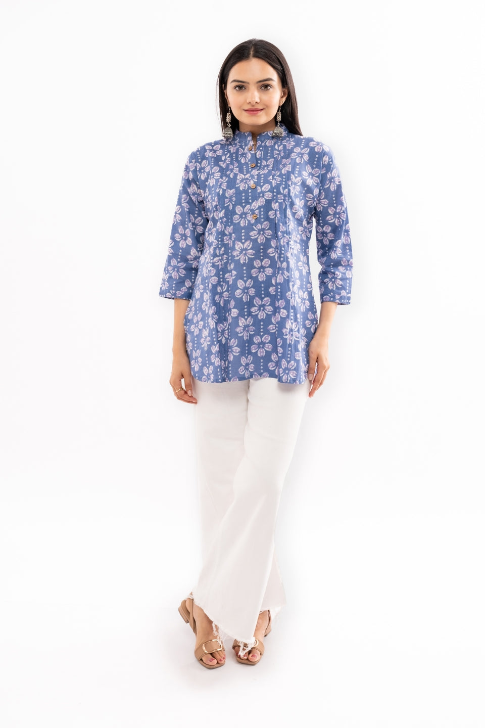 Ekisha's women blue floral printed cotton tunic top short kurti, front view