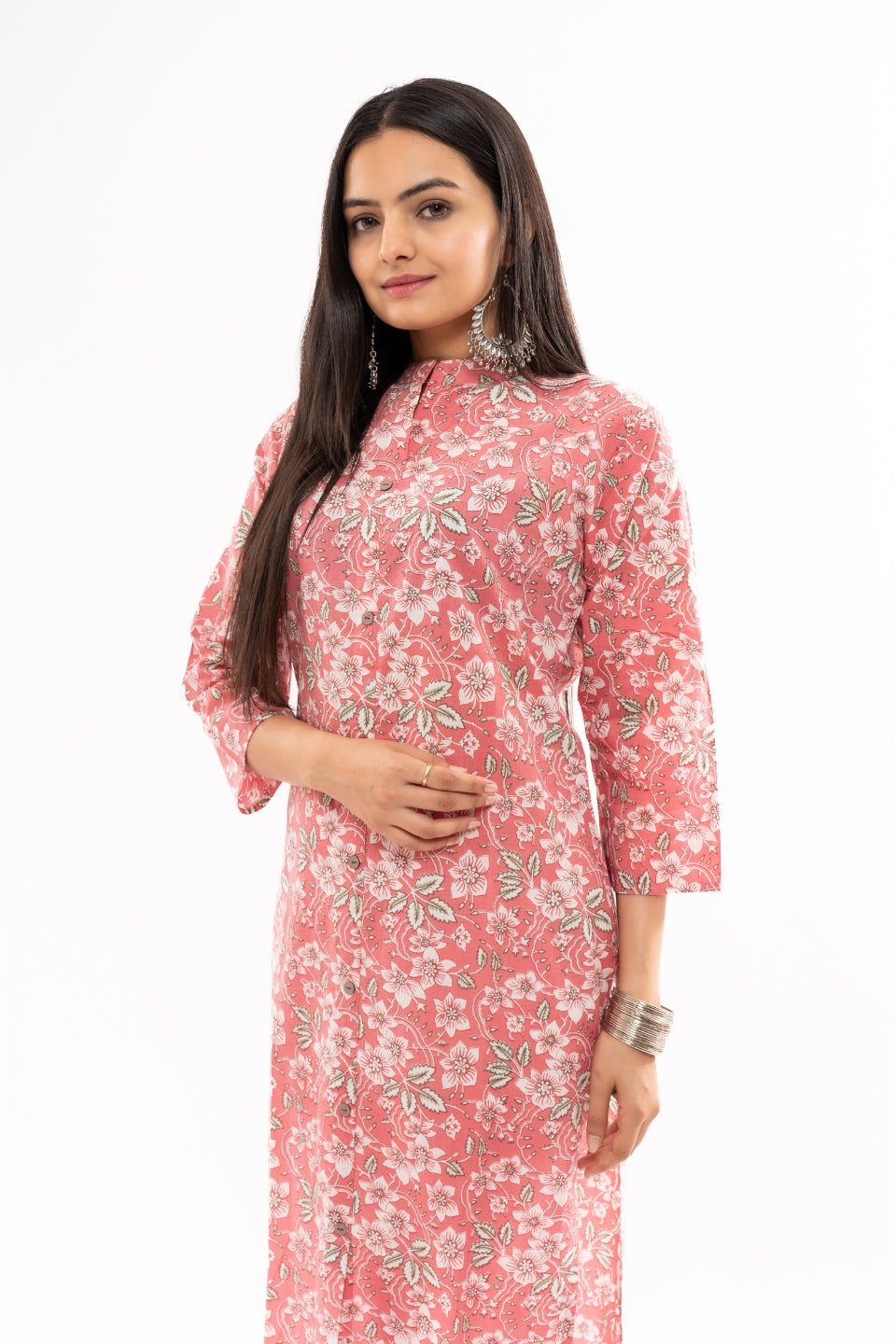 Ekisha women's cotton pink white floral printed straight kurta kurti round neck, side view