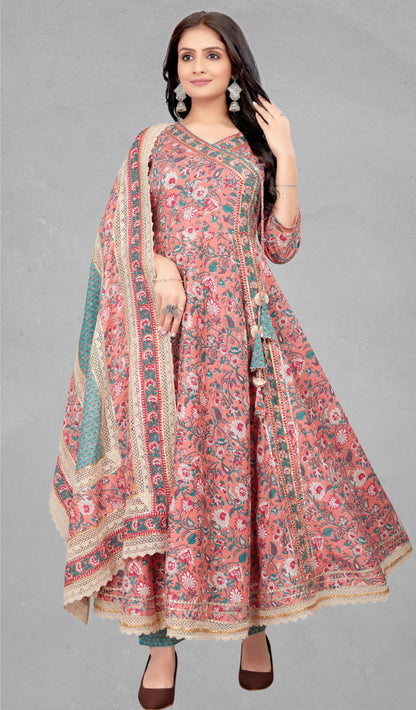 Peach kurta set with dupatta, front view