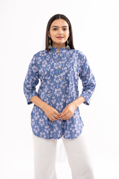 Ekisha's women blue floral printed cotton tunic top short kurti, detailed view