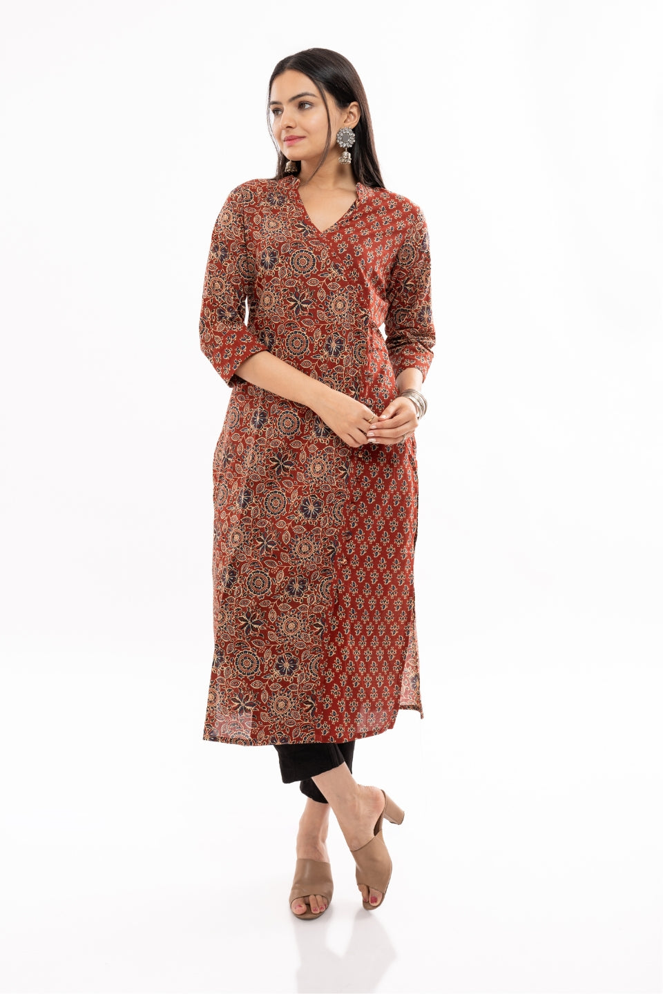 Ekisha women's cotton maroon floral printed angrakha kurta kurti - Ekisha