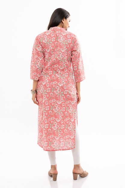 Ekisha women's cotton pink white floral printed straight kurta kurti round neck, back view