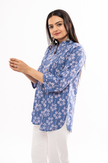 Ekisha's women blue floral printed cotton tunic top short kurti, side view