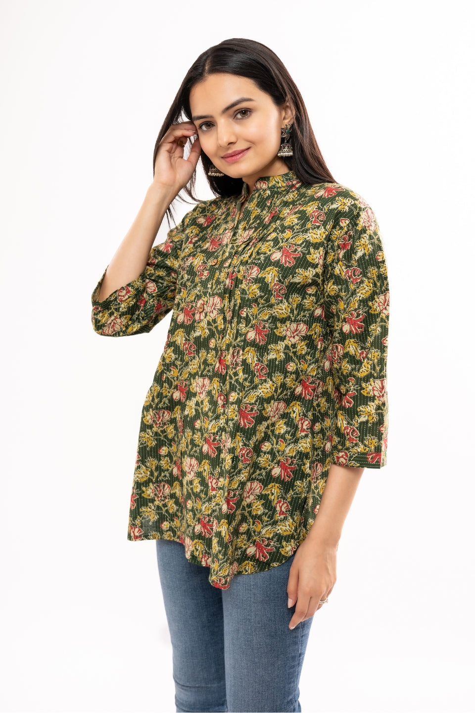 Ekisha's women green floral printed kantha cotton tunic top short kurti, side view
