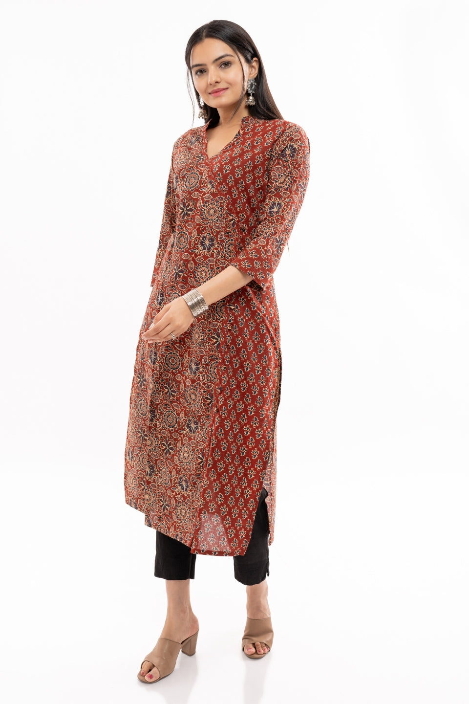 Ekisha women's cotton maroon floral printed angrakha kurta kurti - Ekisha