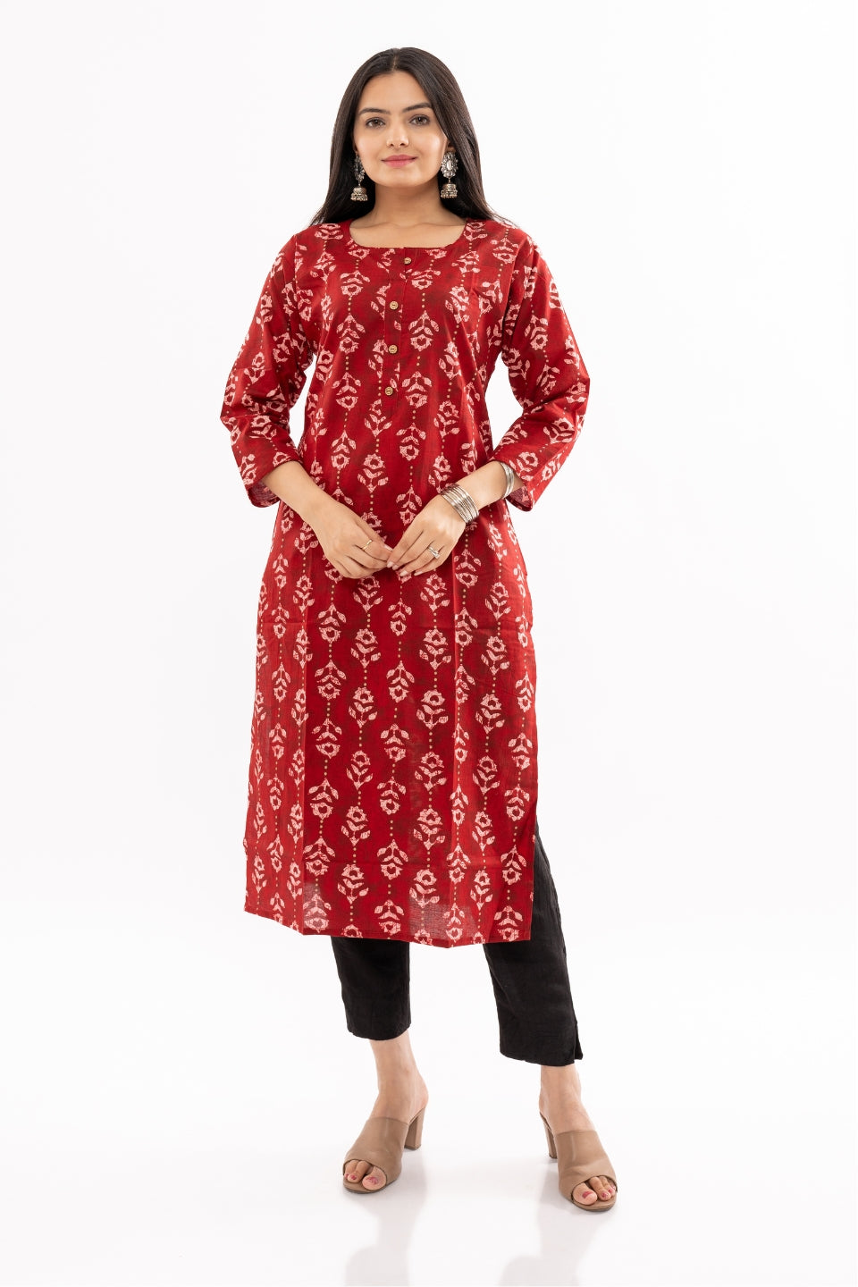 Ekisha women's cotton Maroon paisley printed straight kurta kurti round neck button, front view
