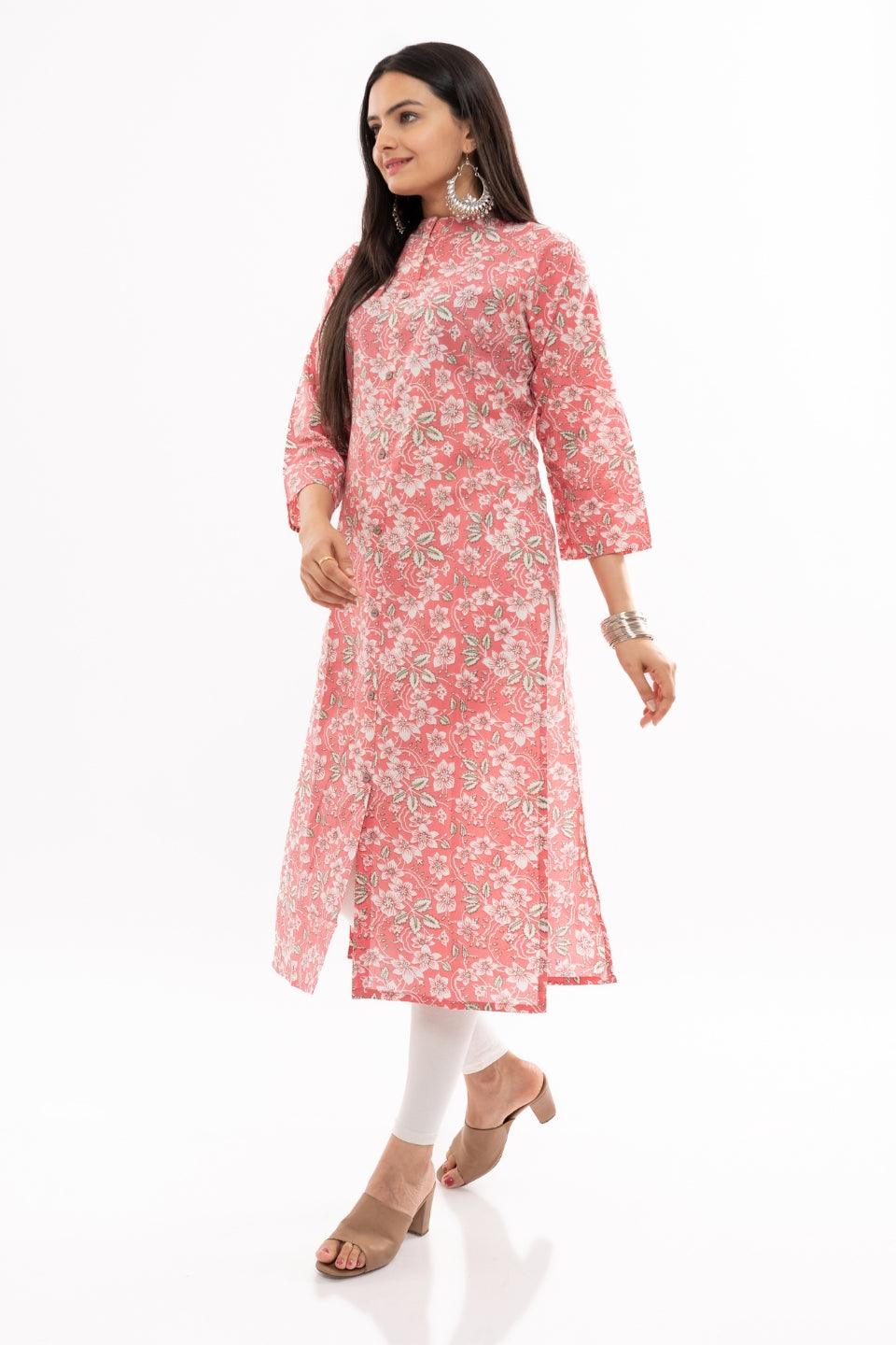 Ekisha women's cotton pink white floral printed straight kurta kurti round neck, another side view